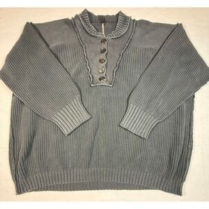 Free People Grey Knit Button Neck Pullover Oversized Sweater Size Large